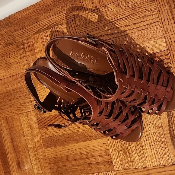 Ralph Lauren leather platform sandals, sz. 7& 1/2 B, deep tan colour. - Picture 2 of 7